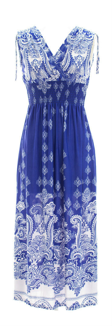 Exotic Print Smocked Waist Maxi Dress - Blue